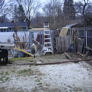 Looking north at the south end of the run. Ladder leaning on run top, framework for roof at side and on top of run. Constructed four sections 8 x 7 ft  of 2x4 s to attach Ondura roofing to and ptovide for pitch of about 3 -1.  Joists at 2' on center . Run is 6' W  x 30' L x 6' H Chain link wire. Concrete floor. Posts are 2 " Horizontal supports are 1 1/2' D. We had a Malmute and planned to breed her but she was discovered to have displasia, ruling out breeding. She was a great family dog for  almost 12 years.