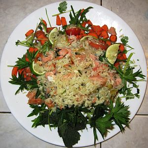 Today's salad  for the chicken, carrots,cilantro,recao, leftover rice cooked with basil, cilantro & olive oil, salmon cooked with onion,olive oil & lemon