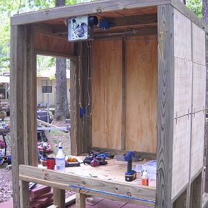I wired the Coop to include A light in the Hen House, (or a heat lamp in the winter), A light in the Coop itself, a fan to help with ventilation inthe summer time and an outlet in the front as well as one up at the rafters for a bug zapper.