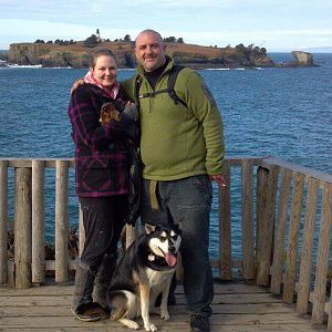 This is a photo of my boyfriend and myself with our dogs, Ollie the basset hound and Tosha the husky mix.  We were at Neah Bay, Washington
