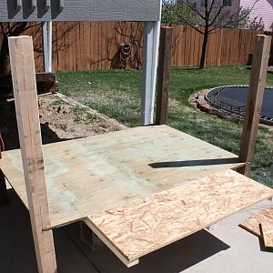 When I first started building the coop this is my initial layout. The posts are 4x4 posts and the floor of the coop is 3/4 inch Marine Plywood. The footprint of the coop is 5x6 feet. More than enough room for my 4 chickens and 2 ducks.