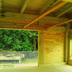 front and back doors are 2ft x 3ft long to clean out, back door has wood cut out and attached to the door to be able to sweep/hose out, floor is sloped.
