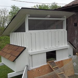 My Coop.  Built out of 3 Pallets & scrap lumber / singles.  Only cost was the hardware clothe and the hinges. It hasn't been placed in it's permanent home yet, but the girls are calling it home where it sits.