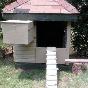 Our chicken's home....I can actually stand up in the middle when inside. The hen has 9 eggs to date5/14/12.....still a work in progress..