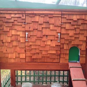 Our coop viewed from the west.  This is the human access door to the hen house and also the chicken access door and ramp.  The green portion of the chicken access door slides up via a cable/pulley assembly accessible from the front of the coop.