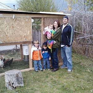 Family pic in front of the coop