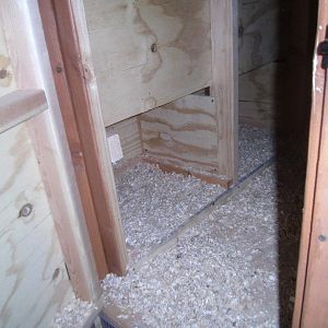 view of nest boxes from outside door to hen house