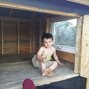 Getting nauseous yet?  All salvaged materials minus the paper and shingling.. that's our old bathroom window.. and of course my 3 1/2 yr old son hanging out.