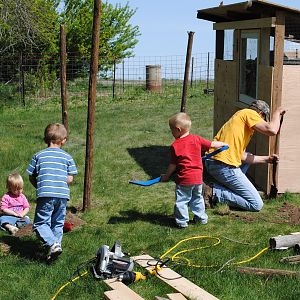 Here are my 3 kiddos and Daddy digging post holes for the run. Dad could hardly get the post holes dug before the kids would try to help fill them back in.