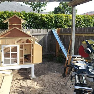 Just moved the coop into position, it is on a 4 x 4 base with a cheap laminate flooring my wife found.  Preparing to put the siding and the roof on.