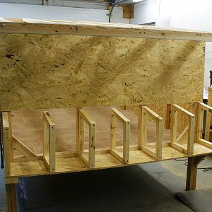 A photo of the rear of our coop showing the nesting boxes.