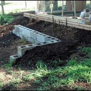 Building the retaining below the run. Temp fence is up in the run. Trying to find more reclaimed lumber to start on the perminent one. Gotta love Craigslist all those cinder blocks, landscaping timbers and 4x4 posts were free.