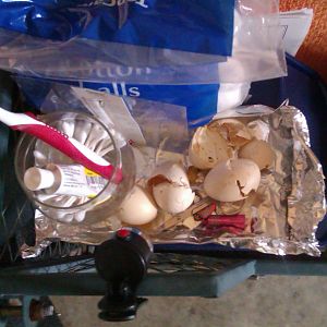 I sectioned off a quarter of the brooder for supplies; food, light, q-tips, cotton balls, antibiotic creme,tweezers, scissors, old toothbrush for sticky chick problem on 3 of the chicks.