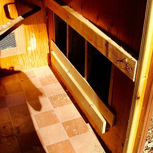 Bottom 3 nesting boxes and the cornish hen's (Momma) roost. we built and added these to the hen house.