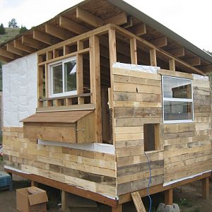 The roof is steel, also left overs from the barn.  The siding is planks pulled from free pallets that were gathered around town.  A pop door was made which can be opened from the outside for the chicks to have access to the run (when it is finished).