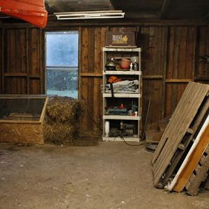 Storage part of the barn. With our brooder that is housing 5 Ameraucana BBS Bantams