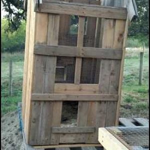 Pop door opening and windows. I have an old storm window to put on the inside for a wind break over the winter. I will most likely heat this coop to keep it above freezing for the bantams. Once the turkeys have outgrown the pen you see in the foreground I'll move it and build a large fully enclosed run for them there. It looks like it is leaning but it was just the angle of the photo.