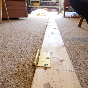 Step 18: Screw hinges on top frame board on living room floor while eating lunch