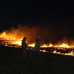The cowboys standing in front of the fire.