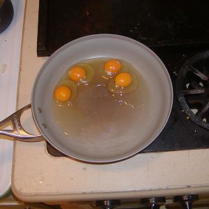 Faverolle egg on left was laid 1 week ago, the rest  to 6 days ago. Whites still more solid than store eggs.