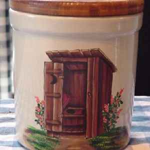 One of my toilet brush crocks featuring an appropriate outhouse...lol.