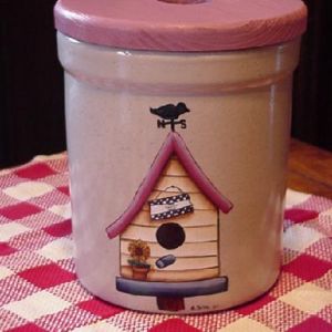 A 2qt crock I painted to hide a toilet brush. This was actually sold in Country Sampler Magazine.