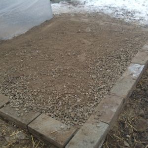 Foundation measures 8x10. 2 layers of pavers create the retaining wall. Mix of Sand & Gravel for the Fill. we wanted plenty of drainage and also needed to "level" out that area of the yard. Fill is approximately 5 inches deep.