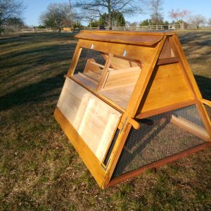 Top doors opened (side, roosting area and nesting box).  You can see the other small coops in the background.