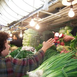 and she always ends it all with a smile, the guy through in some extra kholrabi (the green things in the back that look like aliens.  it is spring in this picture as there is green onion (scallion) up front, and parsley root, etc.. i bought 6! kilos of fresh garlic, for all winter.