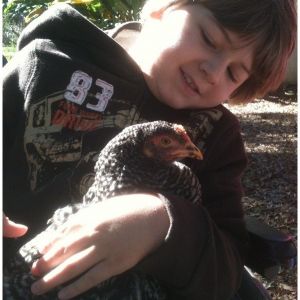 My boy holding one of our old hens.