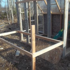 The beginning of the coop.  Remember that nailer??  Two feet of space below the floor for a covered run for the chicks, the box will be 4 feet by 8 feet, and 4 feet tall.  Should be plenty of space for all 14 of my birdies...