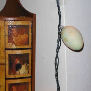 blown out and dyed brown eggs strung on a light string