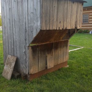 The back of the original coop. I am not sure why it sloped down like that unless it was to shelter the chickens. At first I thought it might be an external access to the nest boxes, but it wasn't