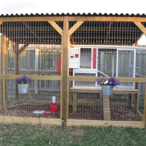 Here is the run with the coop inside it.  We had the guys build a stand for the coop so snakes would not get in with our girls.It also makes it easier to clean.  I love the pails of flowers so much !