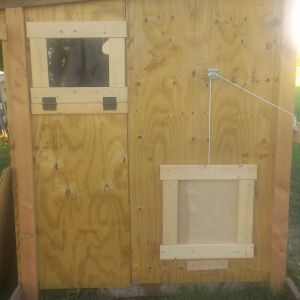 The coop door is in and hooked up to a pulley system. I will eventually be getting an automatic door opener.