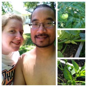 Me and the hubby spending the day working outside (he felt the need to try and even out his tan! i however stayed really white) the top right picture is the start of a tomato! the middle picture is the beginnings of squash flowers and the bottom right picture is a flower blooming on my pepper plant!