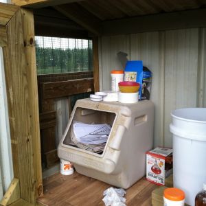 left door on front, simple storage, white bucket feeds water to PVC/nipple system under the coop for when they are in the run