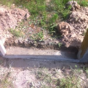 Dion applied concrete at the treshold of the entrance to the yard/run where I cut the hardware cloth short to facilitate the door.