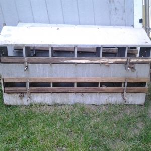 Free metal 12 nest boxes x 2 given to me by my mother.  They need cleaning up and wood on back replaced, but other than that trying to figure out how best to incorporate them.  I do NOT plan on having enough hens to utilize these boxes, so I'm beginning to wonder if they're even worth incorporating....

Back side view