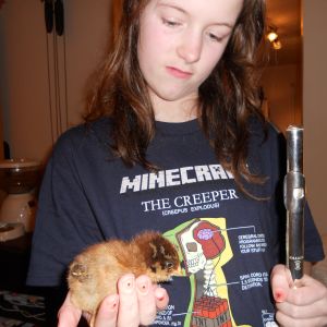 Eldest daughter holding chick.