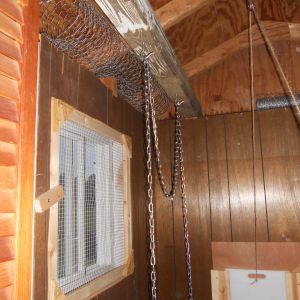 A 4x4 post has hooks attached to it that the waterer and feeder hang from. Also shown is 1 of 2 windows with a mesh wire cover.