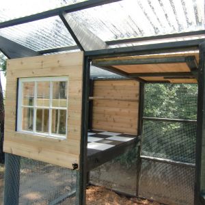 We hinged the entire side of the hen house so it can be flipped up for cleaning (it is held in place be two pieces of wood on top that swivel). One of our better decisions as it has worked wonderfully.