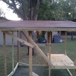 The view of the finished roof from the back of the coop. That is our garage & house in the background.
