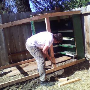 Old green shelf from in the garage. They ended up laying UNDER the bottom shelf at first. Had to modify that in a hurry!