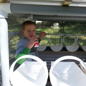 This is my youngest son inside the chicken tractor coop.  I LOVE the nesting boxes and see through windows.  The nesting boxes are made from buckets, cut out and screwed down for stability.  The windows are clear siding and open like french doors, will be affixed with magnets and latches, for extra security.