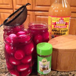 Pickled quail eggs in beet brine