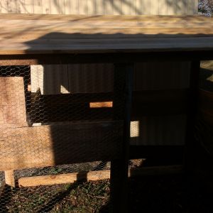 This coop is mostly reclaimed lumber; some rough-cut directly from my landlord's small pine mill. 8'x4' base, 6'-5' roofline. The hinges and latches for the cleaning door and main door are made of belt leather. Used ~128 sqft chicken wire. Nesting box separate from roosting area.