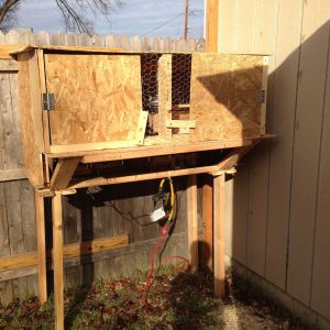 My mini Bantam coop. 10 square feet for two Silkies. Run coming soon. Coop was designed around two recycled cable spools that act as nesting box. All wood is scrap and untreated (minus the spools. lol)