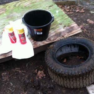 how to make a freeze proof waterer
Rubber bucket that fits in side a lawnmower tire.
Plastic bag to line bucket so foam wont stick.
2-3 cans foam sealer.