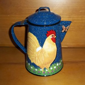 Buff Orpington painted on a coffee pot, sold.